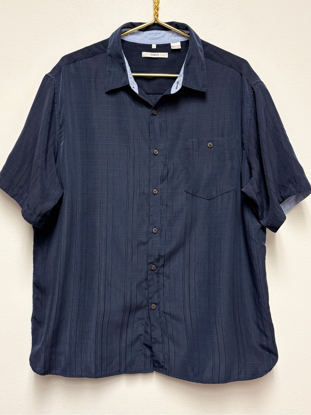Campia Moda Mens XL Silky Short Sleeve Button Shirt Textured Stripes Navy Blue